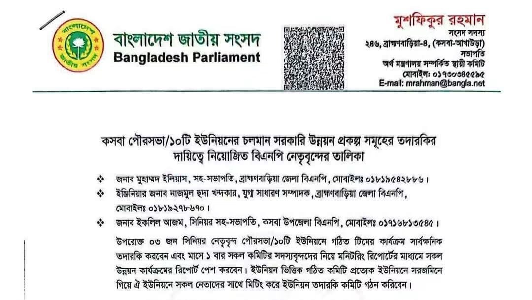 কসবায় এমপি মুশফিকুর রহমানের পক্ষ থেকে বিএনপির ইউনিয়নভিত্তিক দায়িত্বপ্রাপ্তদের তালিকা প্রকাশ