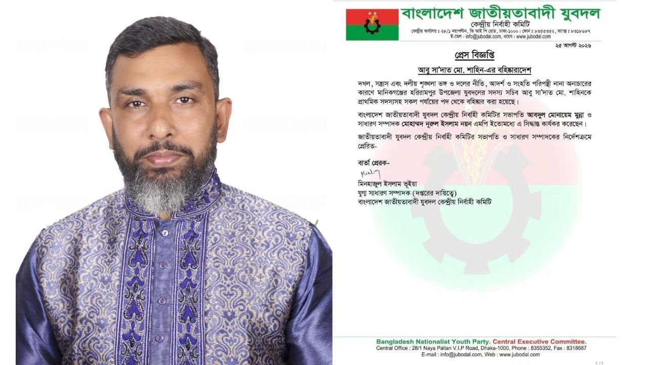 হরিরামপুর উপজেলা যুবদলের সদস্য সচিব শাহীনকে দল থেকে বহিষ্কার
