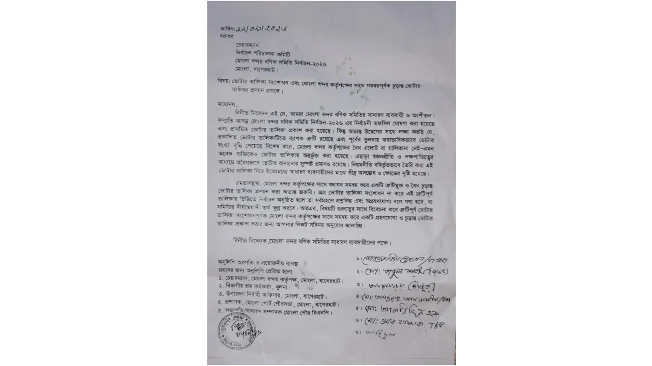১৯ বছর পর নির্বাচন, মোংলা বন্দর বণিক সমিতির ভোটার তালিকা নিয়ে লিখিত অভিযোগ