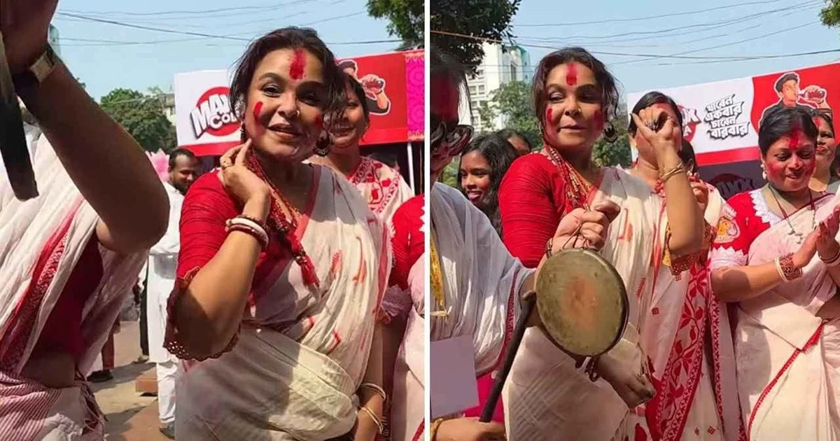 ঢাকের তালে নাচলেন শাওন, মাতলেন সিঁদুর খেলায়