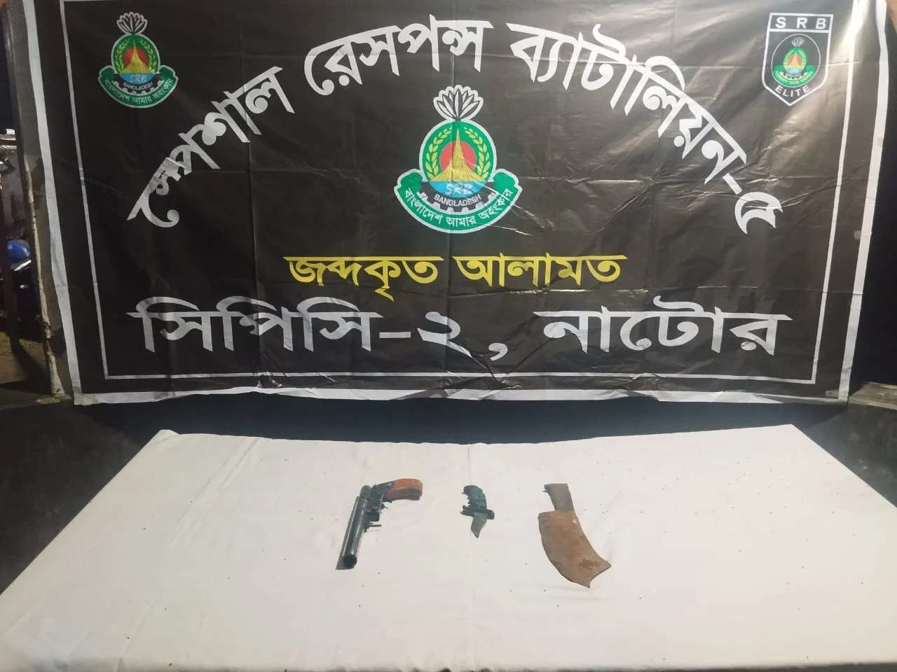 নাটোরের বড়াইগ্রামে পরিত্যক্ত ব্যাগ থেকে ওয়ান শুটারগানসহ দেশীয় অস্ত্র উদ্ধার