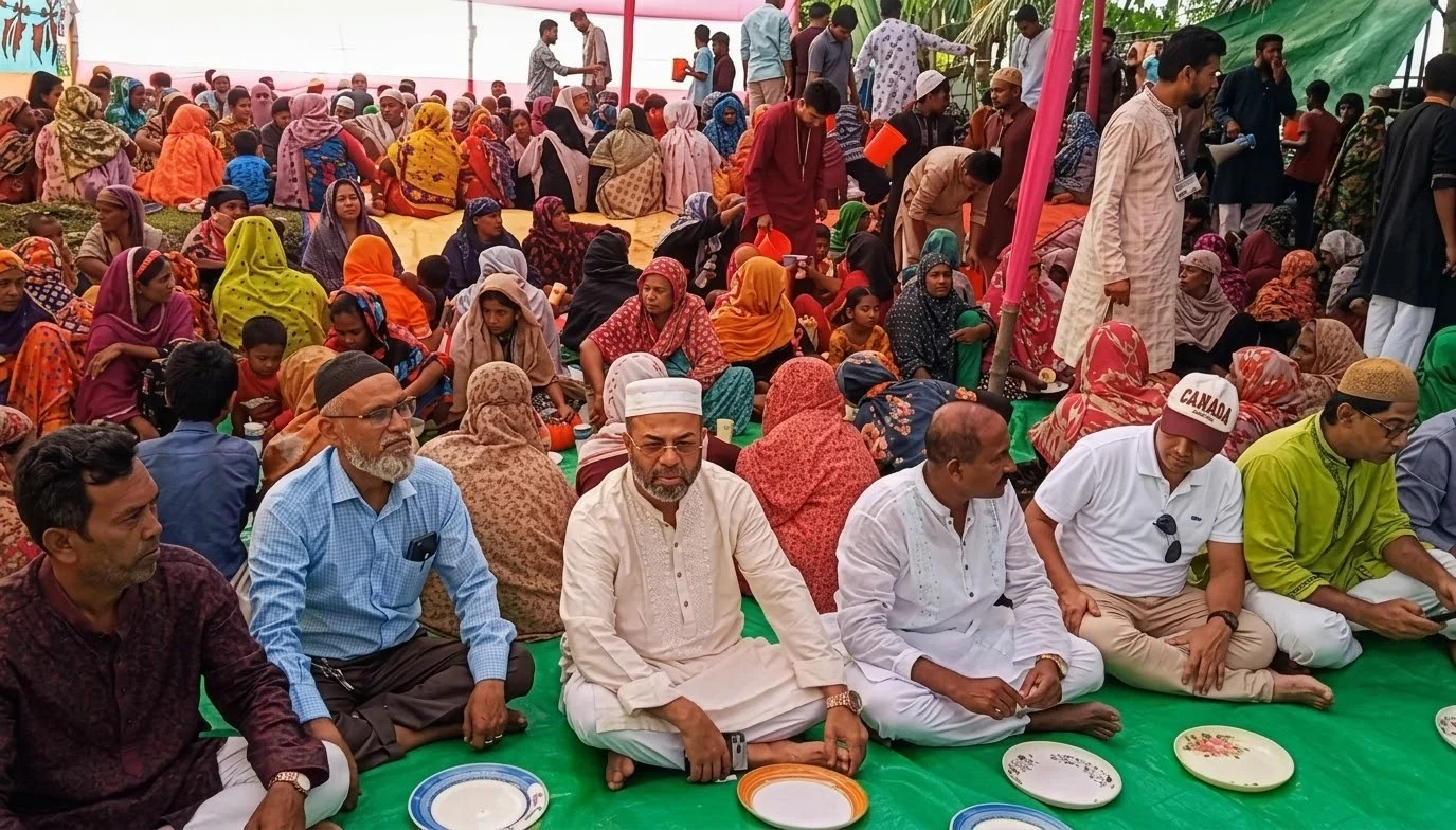 চটের আসরে ছিন্নমূল মানুষের সঙ্গে প্রতিমন্ত্রীর দুপুরের খাবার